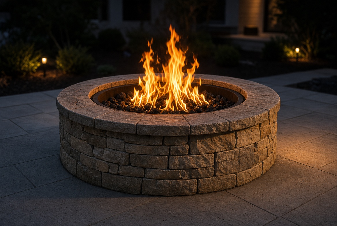 Custom stone firepit in a landscaped backyard