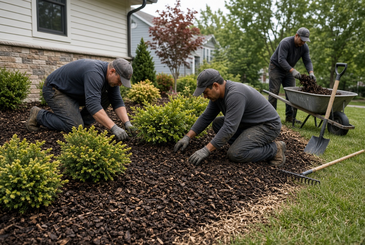 Landscape installation crew planting a Columbus yard