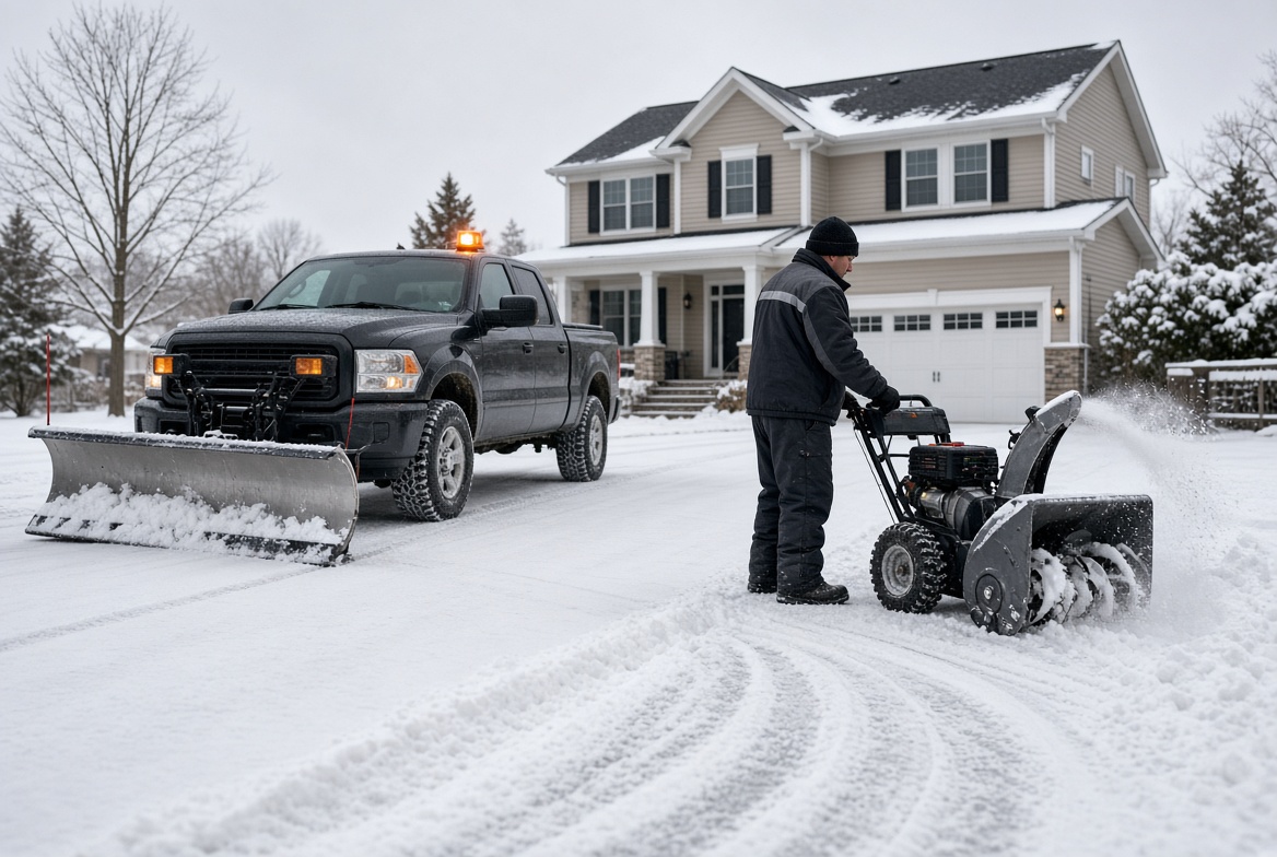 Commercial snow plow clearing a driveway